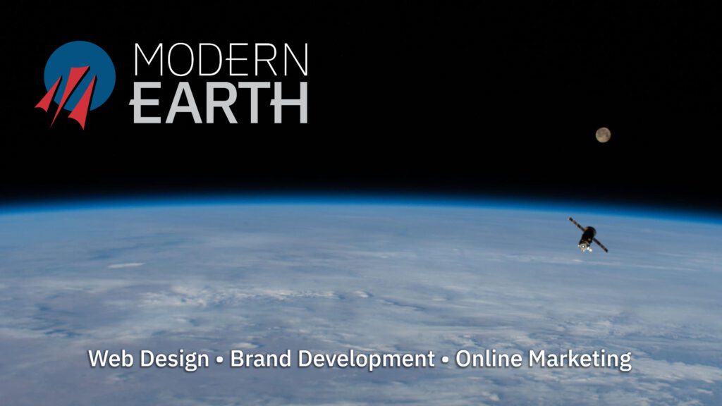 Modern Earth Logo with Supply Spaceship over Earth with Moon in Background