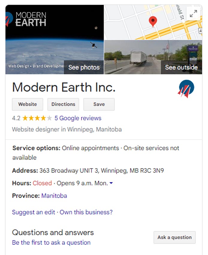 Google My Business Modern Earth Listing 1